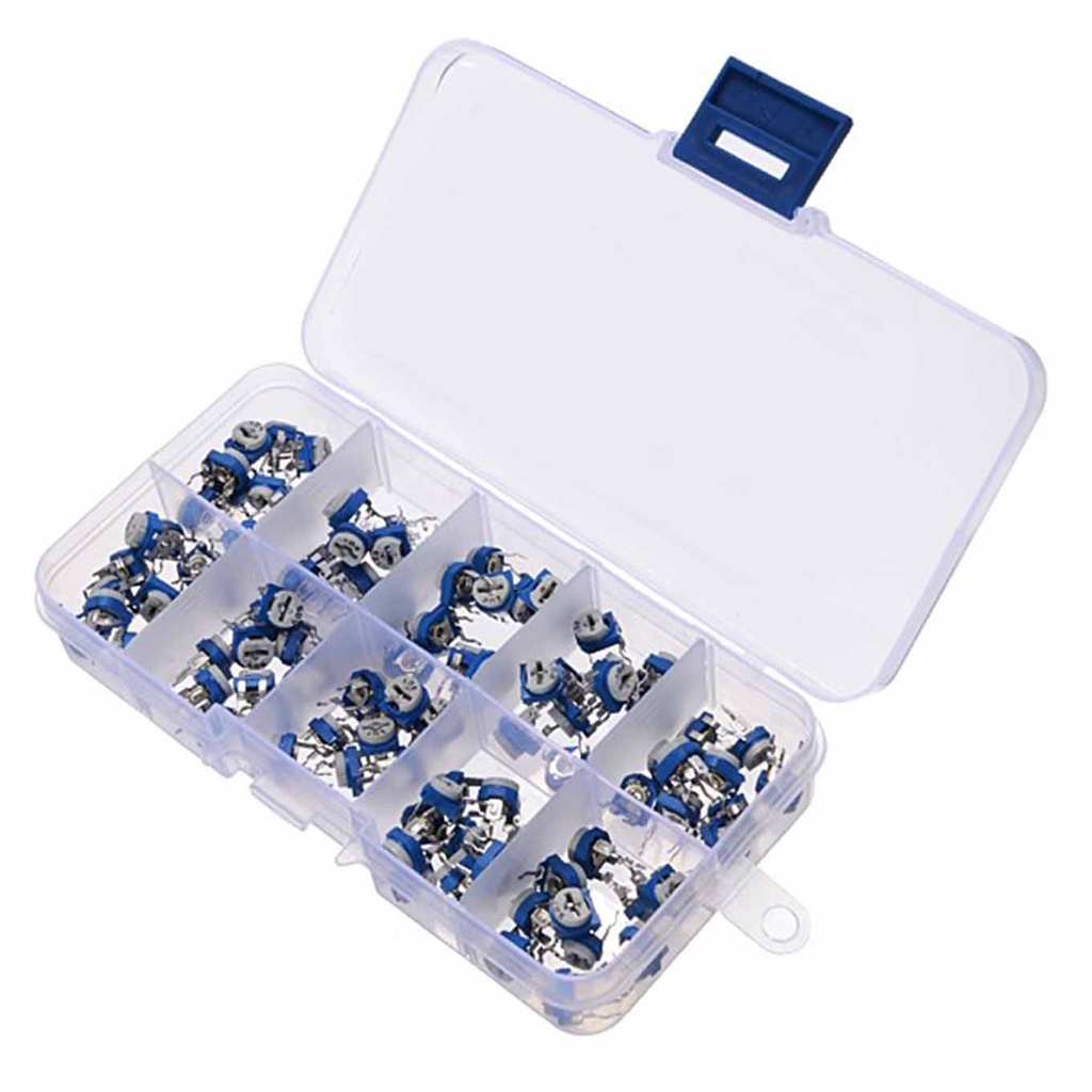 Potentiometer 100Pcs/Box RM065 Carbon Film 10 Values 500R - 1M Horizontal Trimpot Potentiometer Assortment Kit