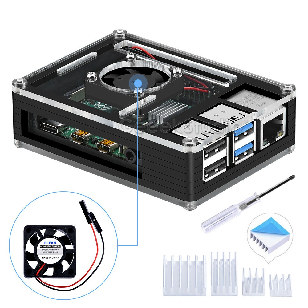 Raspberry Pi 4 Acrylic 9 Layers Case with Cooling Fan - Side Black & Top Clear