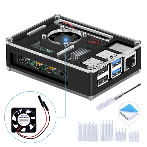 [99189643] Raspberry Pi 4 Acrylic 9 Layers Case with Cooling Fan - Side Black & Top Clear